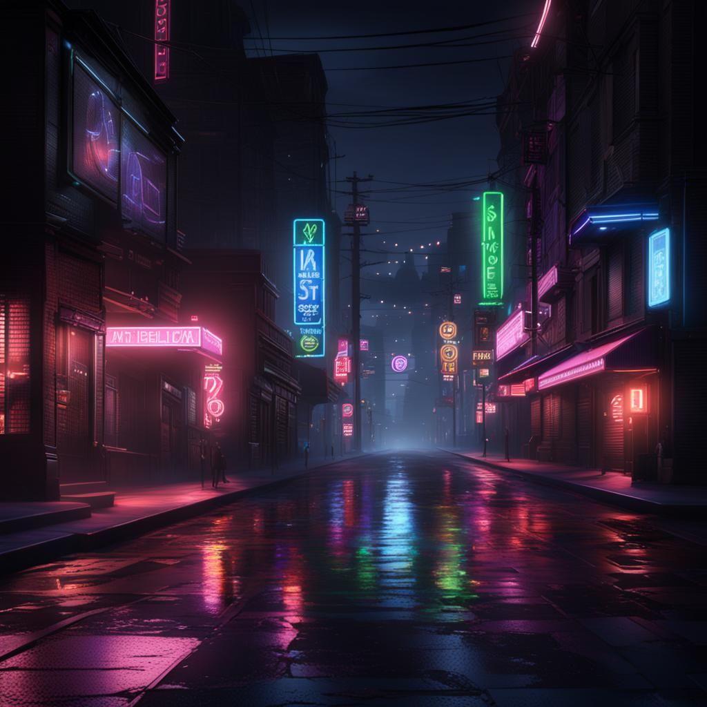 City streets at night, emphasizing the neon signs and lights against ...