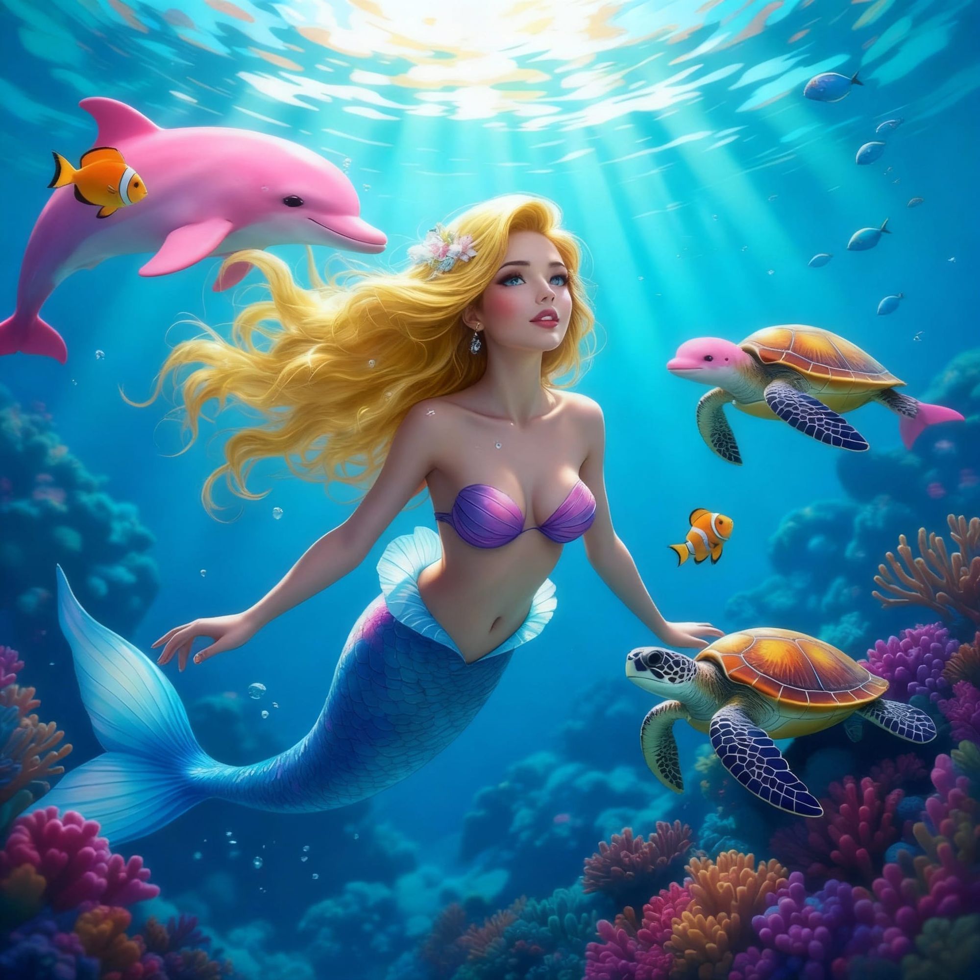 A mermaid swimming in a colourful ocean with nemo and a sea turtle