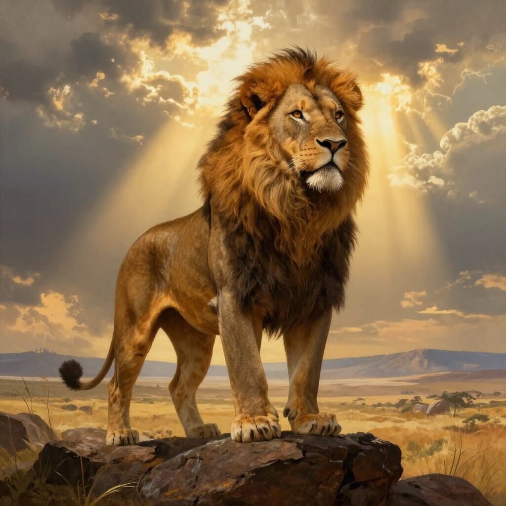 Majestic Lion on Rock in Epic Fantasy Landscape