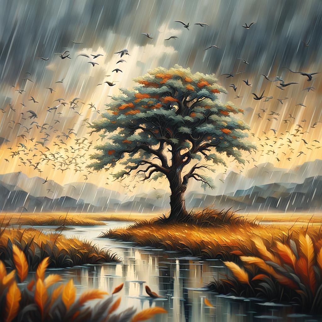 Migratory Birds Tree in Oil Painting Style
