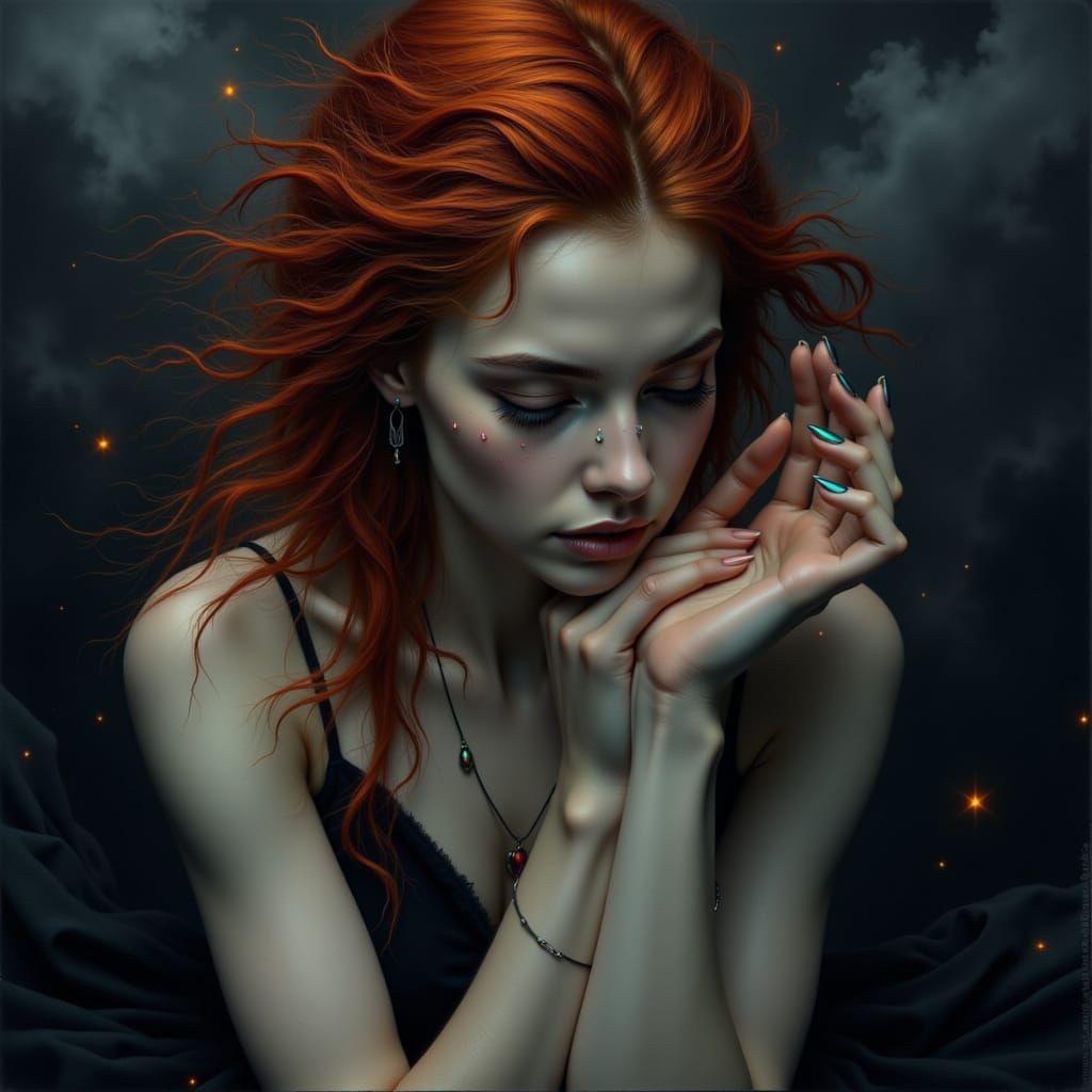 <lora:Beautiful Darkness:1.0> a ink sketch of a female, hands to her head, flame red hair, iridescent tears falling on her cheeks, darkness ...