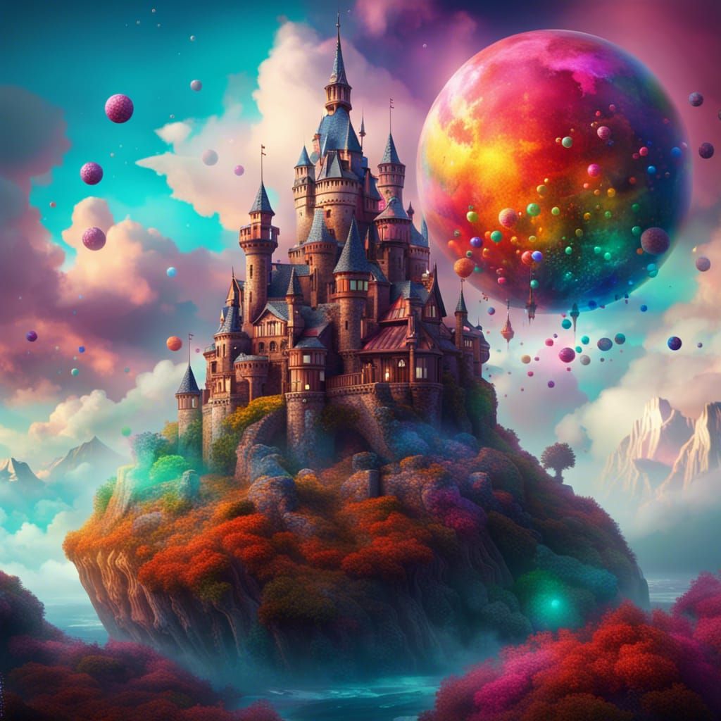 rainbow cliff side castle - AI Generated Artwork - NightCafe Creator