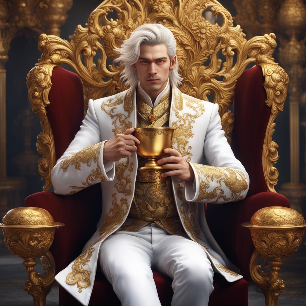 A young handsome emperor wearing fancy clothes and sipping w...