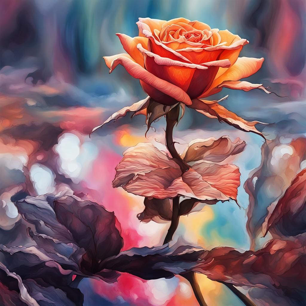 A beautiful red and orange rose, blended together, in the style of a water colour, in the style of yoji ...  by @Irene