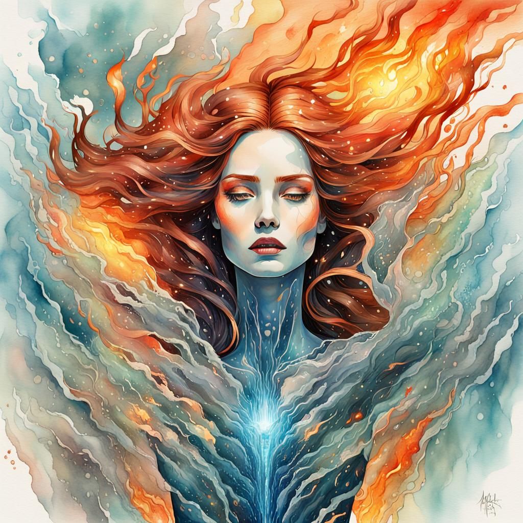 burning frozen glass porcelain metal wood liquid woman , she...