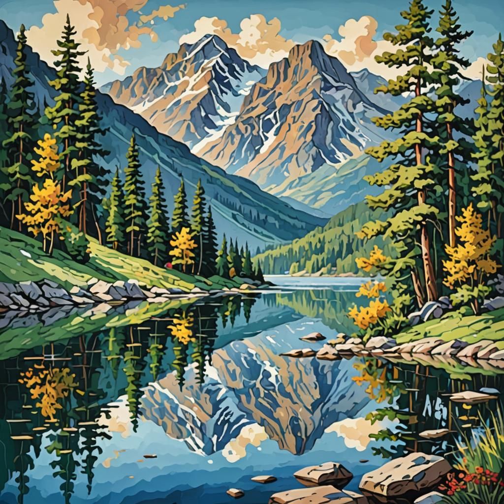 Paint-by-numbers kit featuring a peaceful mountain lake