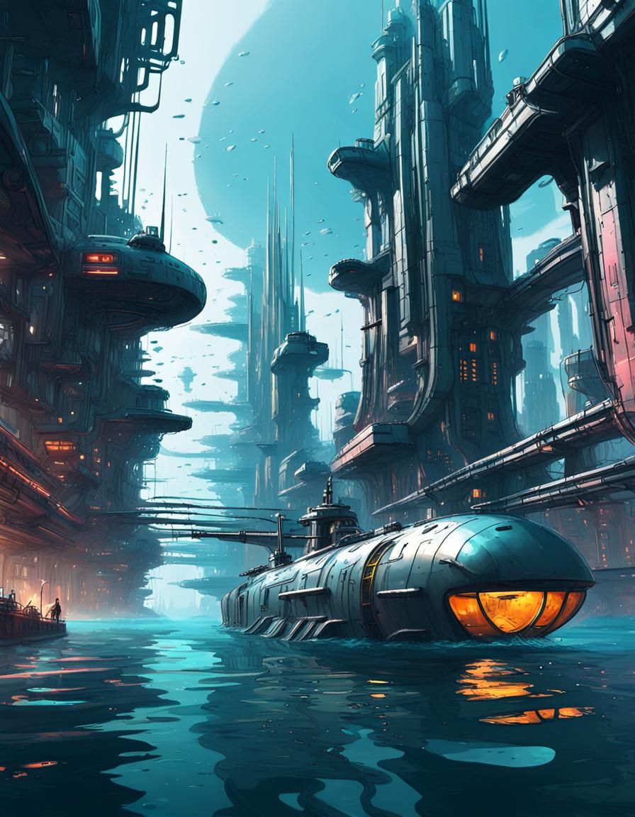 Futuristic city under the Ocean, cyberpunk, scifi, Metallic structures ...