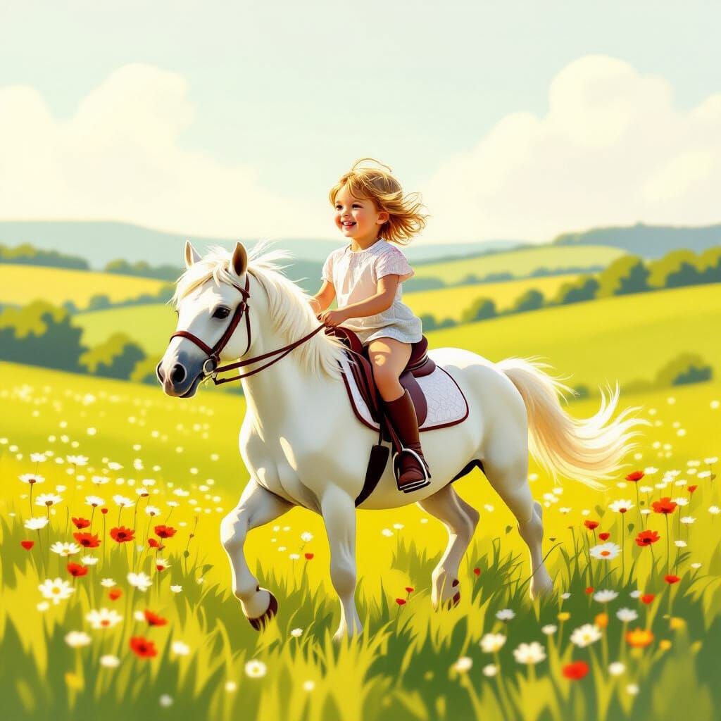 Child Riding White Pony in Sunny Meadow