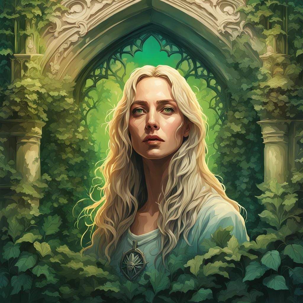 Sacred heart Jesus of beautiful blonde woman in Gothic mansi...
