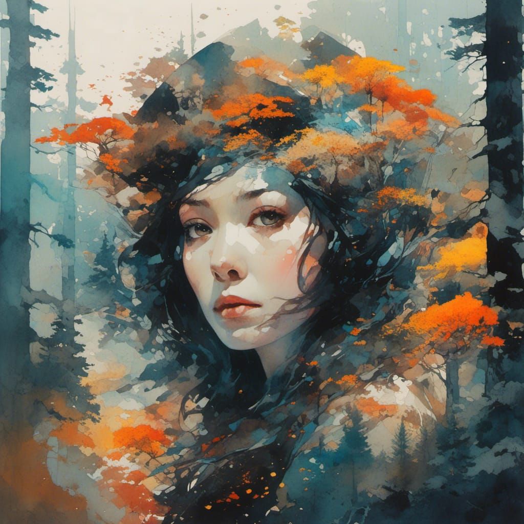 Watercolor Witch in Enchanted Forest Double Exposure