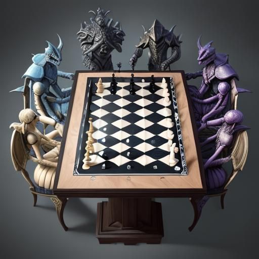 A meticulously crafted image featuring a multi-surface level's of a creative chess board. Lots of alternatives chess pie...