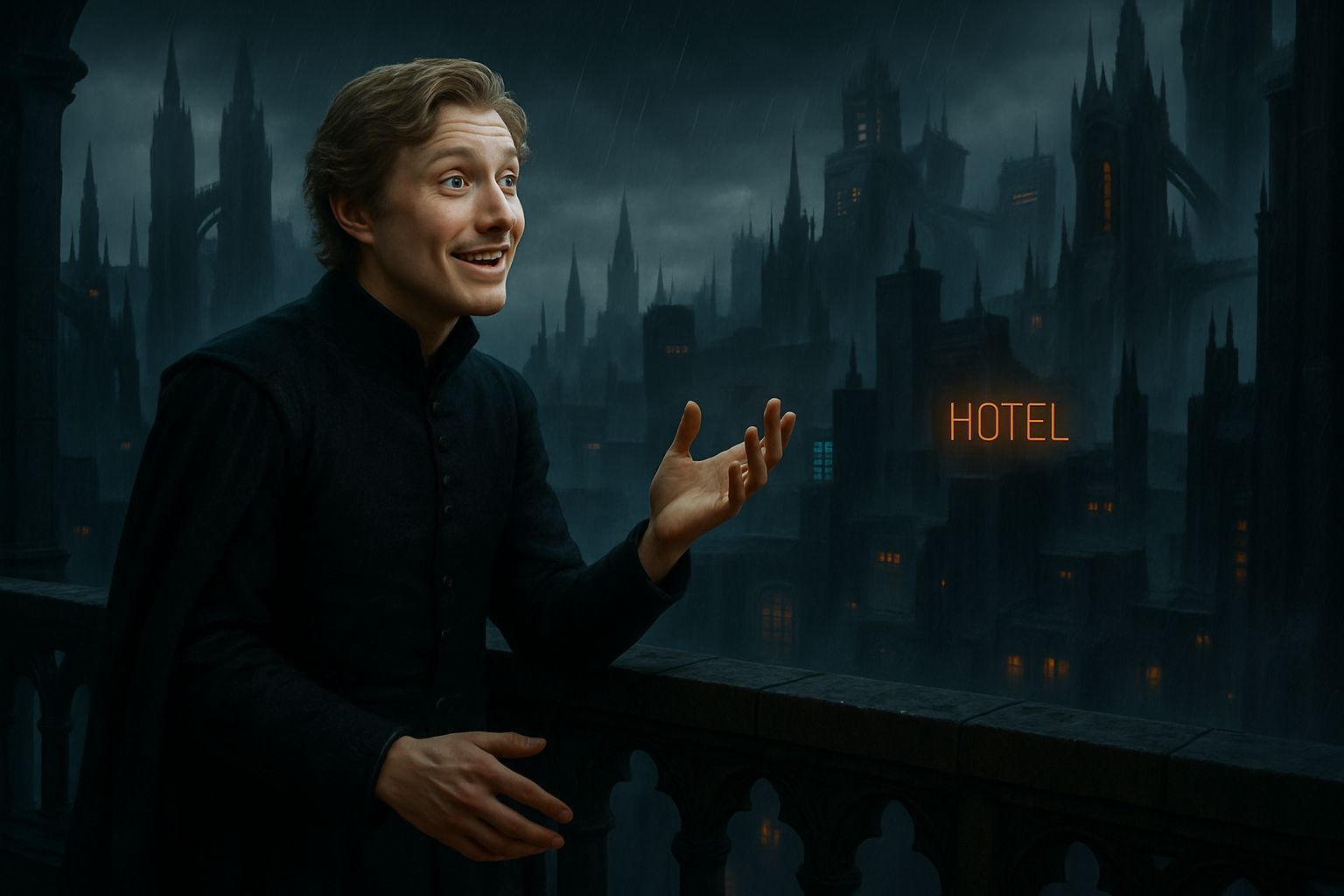 Hamlet's recites his soliloquy in a dystopian metropolis.