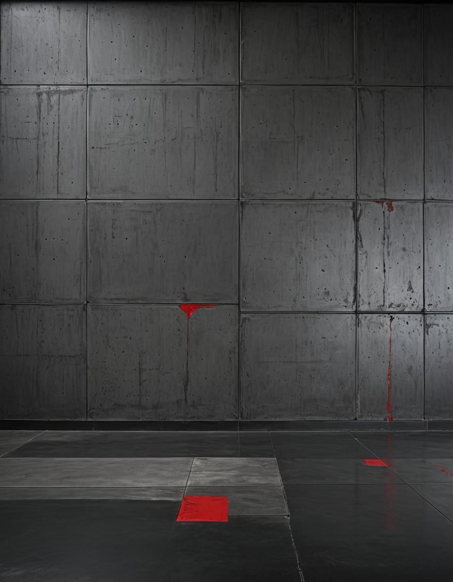 A dark concrete room, black and red