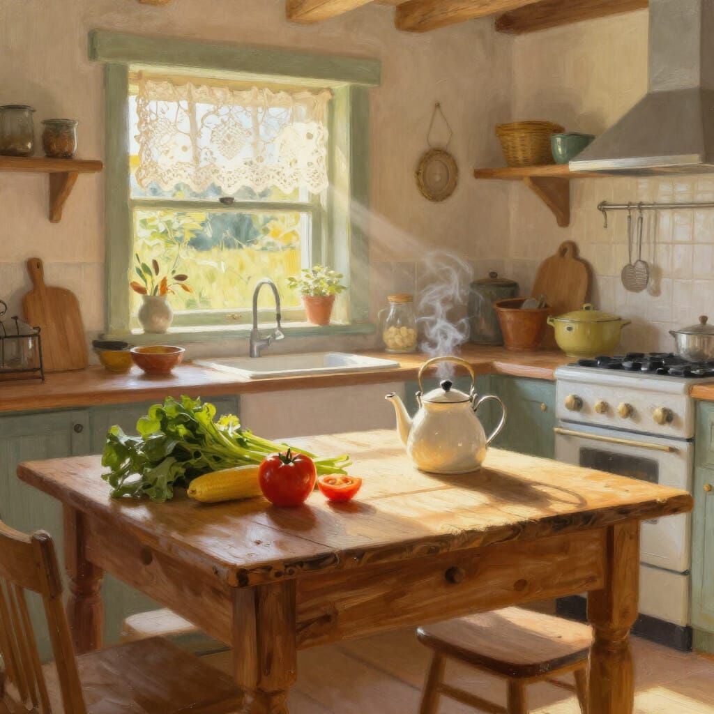 A sun-drenched, rustic farmhouse kitchen with a worn wooden table laden with fresh produce and a steaming ...  by @Riv3r
