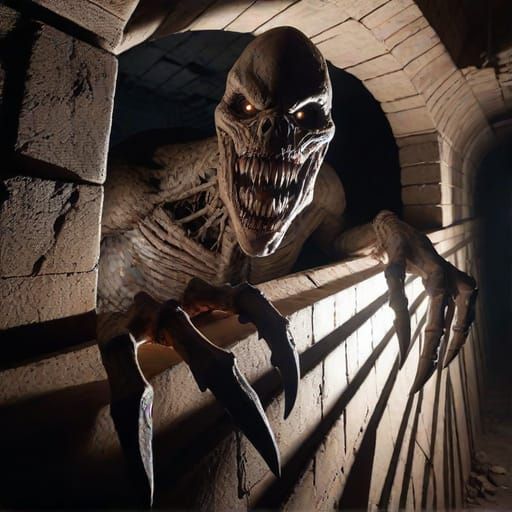 Terrifying pure evil vicious mindless raging creature staring into your soul behind an underground chasm hole in the wal...