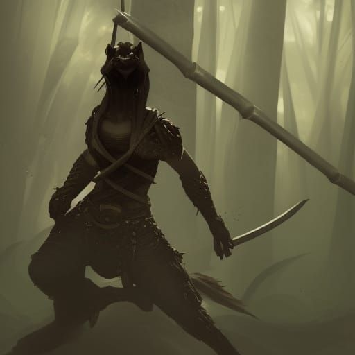 dragonborn female swings katana through some bamboo