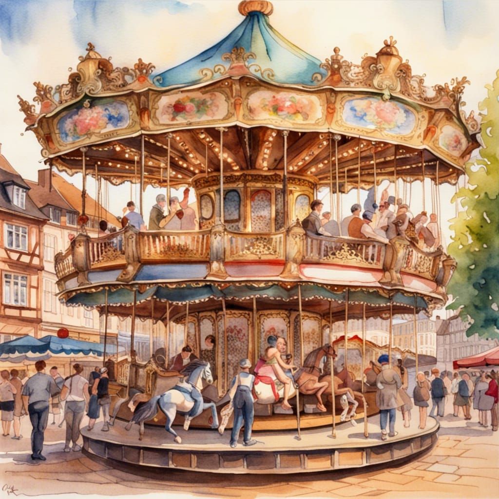 Intricately detailed double-level vintage carousel in the sq...