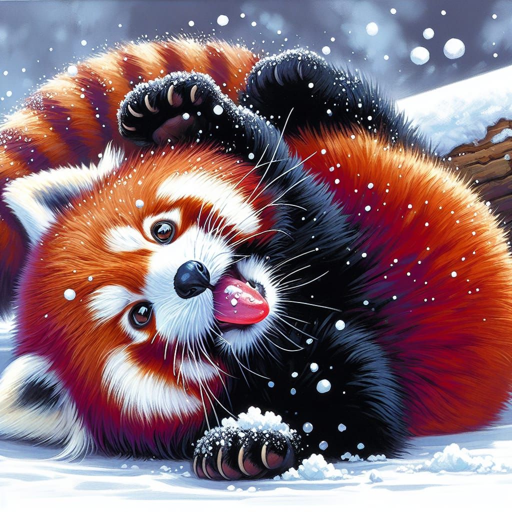 Adorable Red Panda, playfully laying on his back in the snow, trying to catch snowflakes on his tongue ...  by @Marshas Creative AI Designs