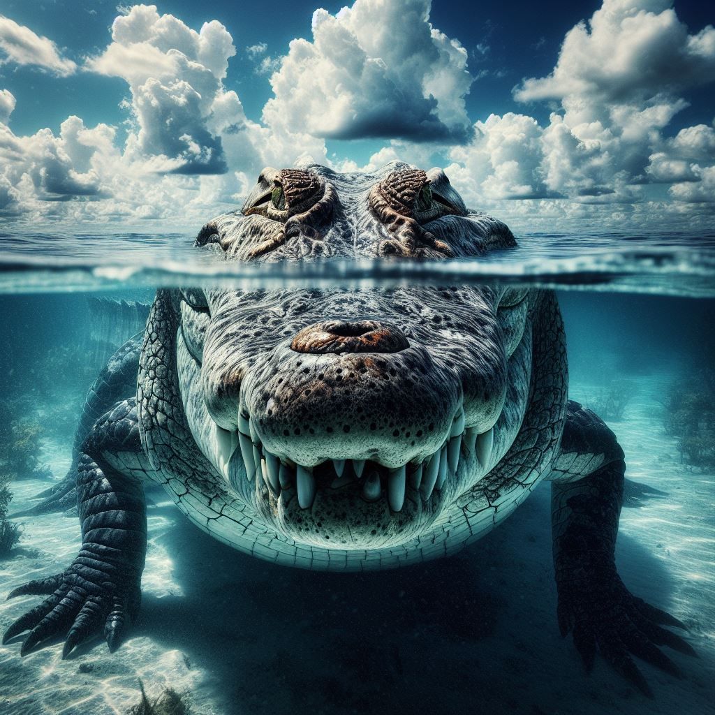 an American crocodile emerging from the waters