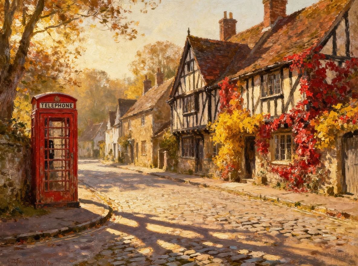 Autumn Village Scene in Golden Light  by @Greenbriar