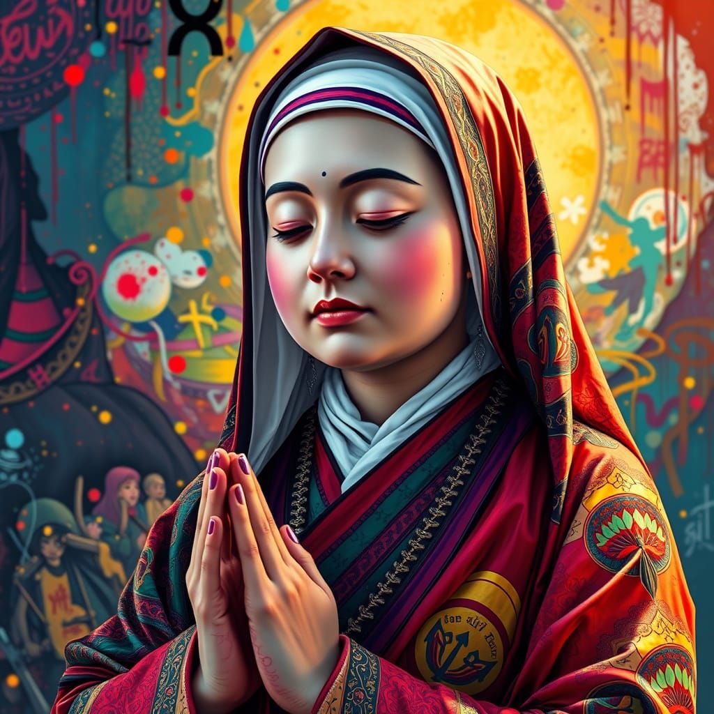 Colorful Buddhist Nun Reciting Mantra in Hyperrealistic Styl...