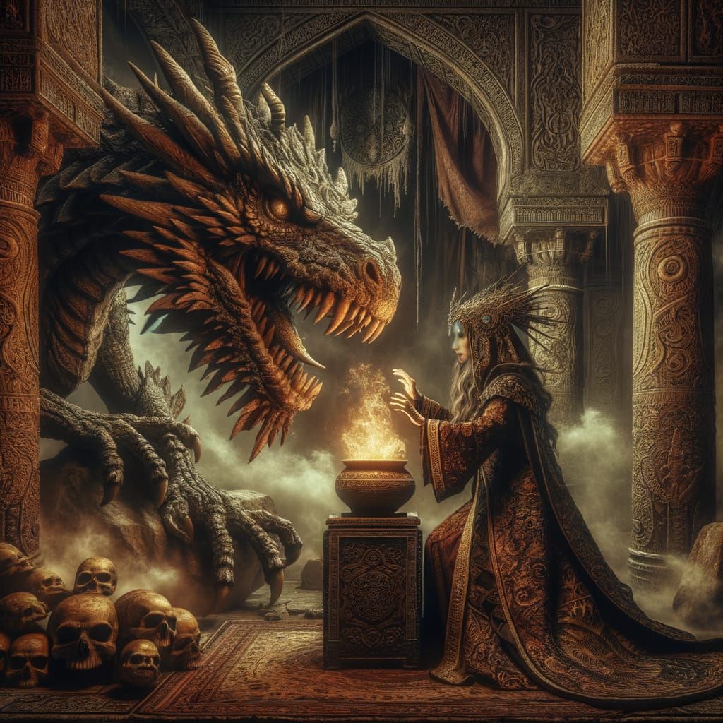 A dragon in an old traditional scary setting, so scary that the dragon is fearfully, with a super beautiful ...  by @1ENIGMA