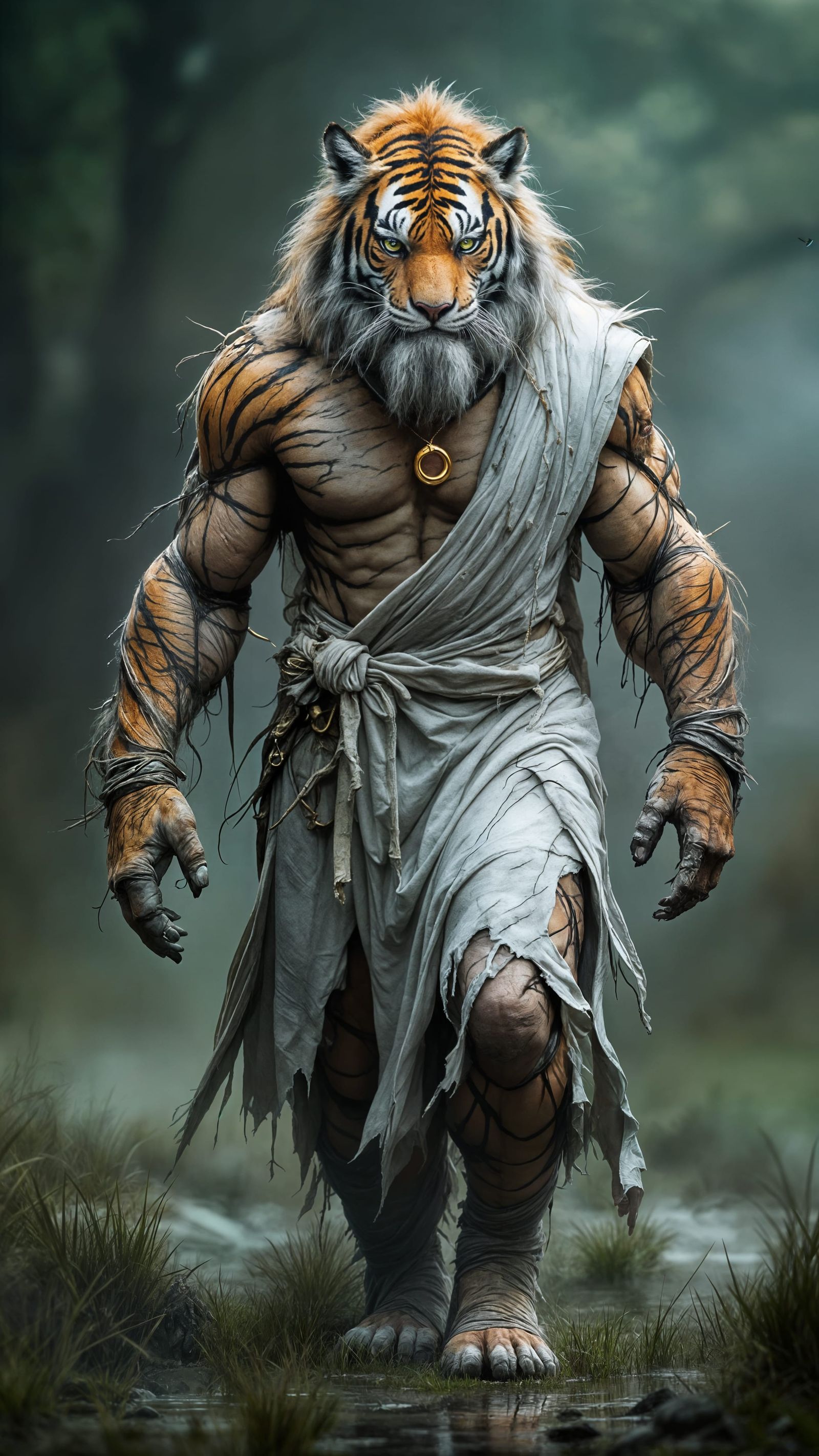 Hyperrealistic Wizard Tiger Strolls Through Foggy Marsh