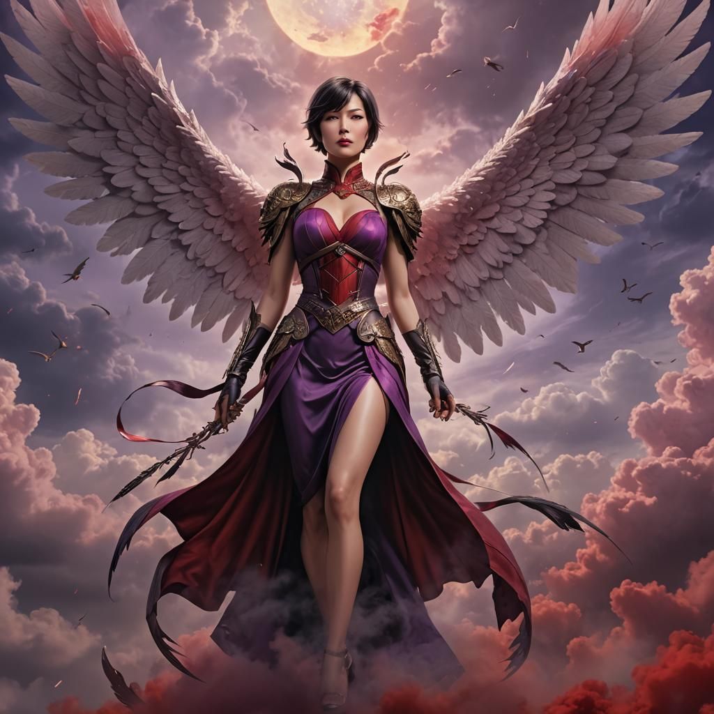 Ada Wong as a beautiful angel with large wings folded in. Standing on a  glown red cloud. Purple angelic dress. - AI Generated Artwork - NightCafe  Creator