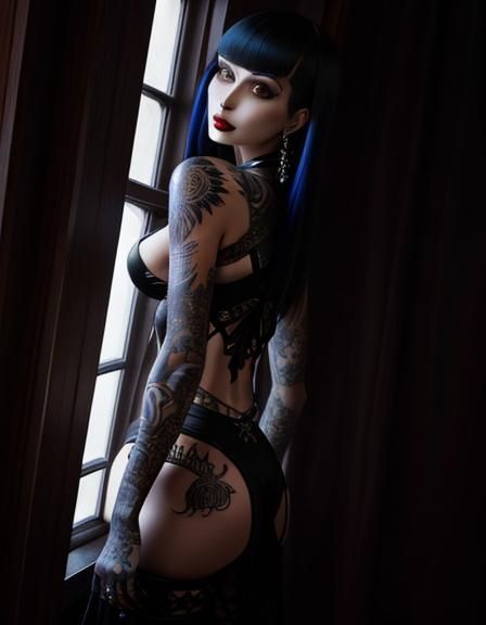 a stunning cybergoth woman with tattoos and body modificatio...