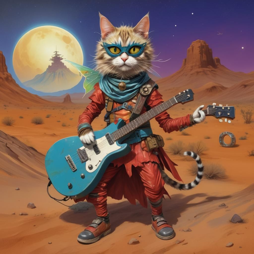 Mischevious cat fairy in the desert on Post-apocalyptic Mars...