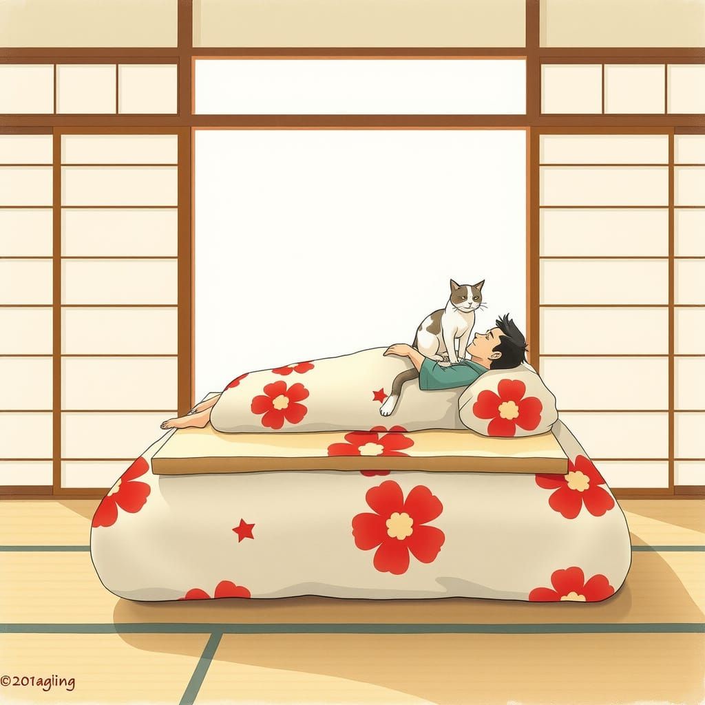 Serene Japanese Room with Slumbering Man and Contented Cat