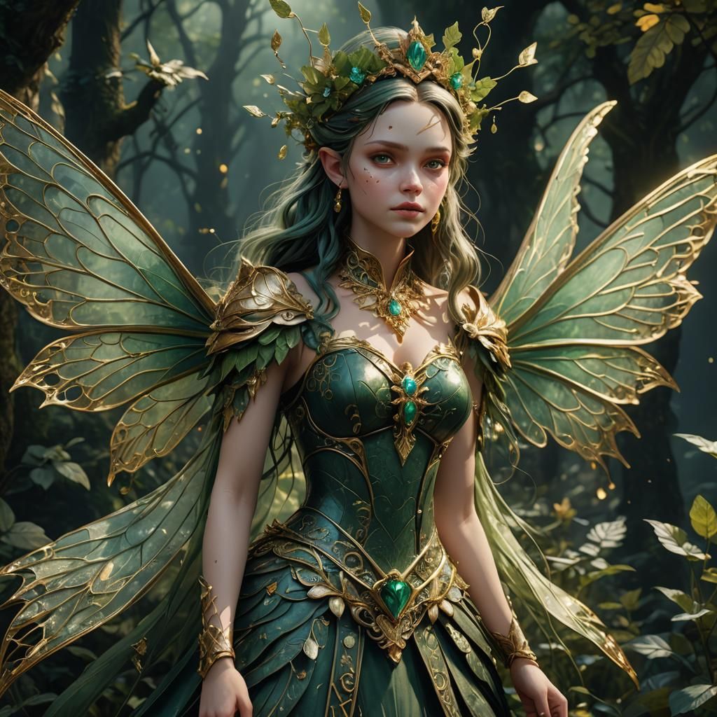Porcelain skinned fairy princess highlighted in dark rich gr...