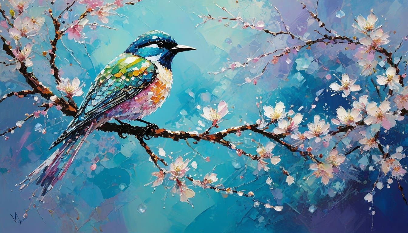 style: leroy Neiman, a crystal bird covered in diamonds, perched on a branch of cherry blossoms. a soft, ...  by @Spearmint