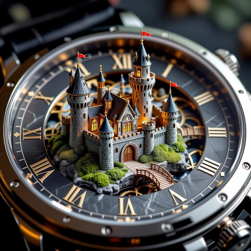 “Ultra-detailed macro photograph of a wristwatch whose dial has been transformed into a miniature fantasy castle landscape. The watch face f...