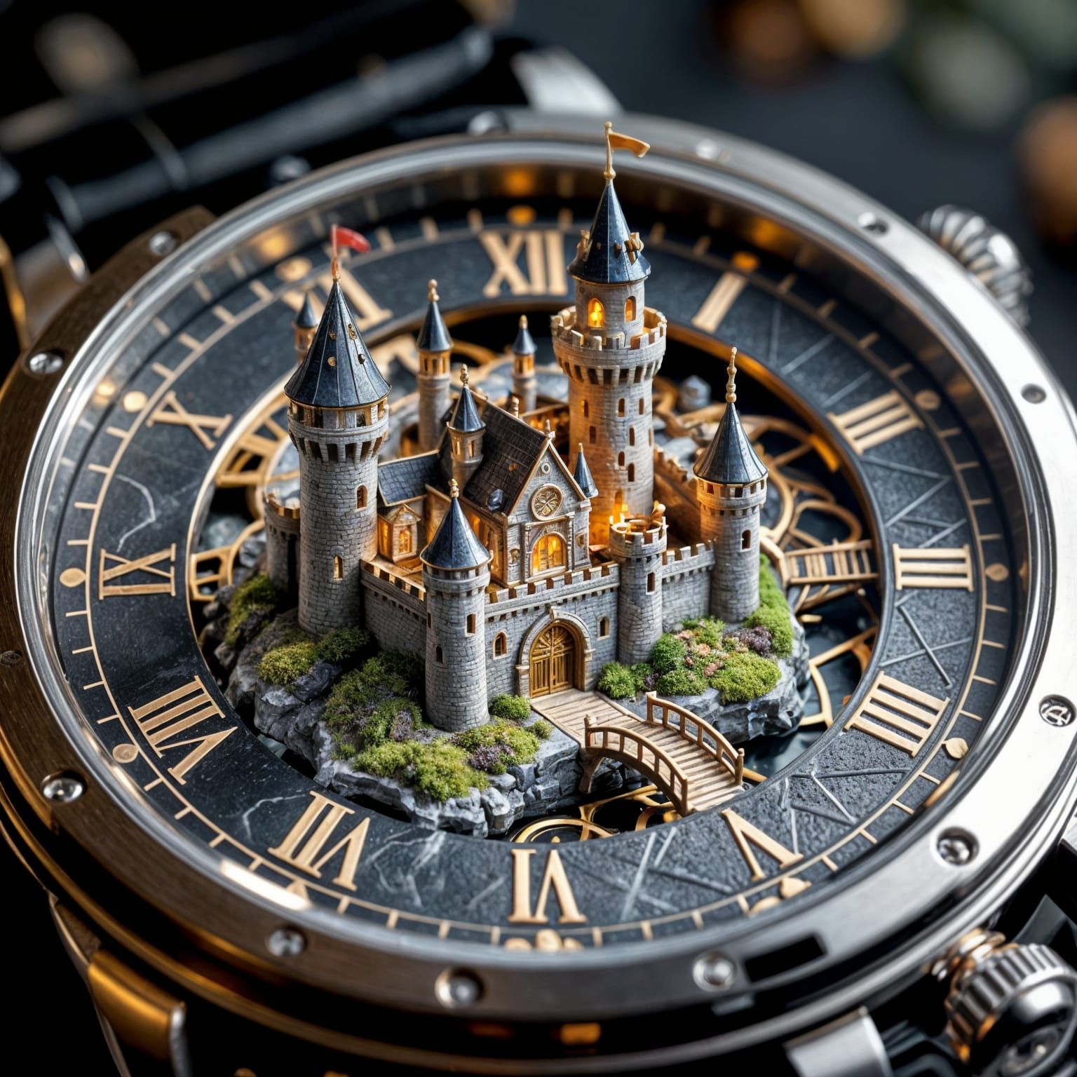 “Ultra-detailed macro photograph of a wristwatch whose dial has been transformed into a miniature fantasy ...  by @Likra