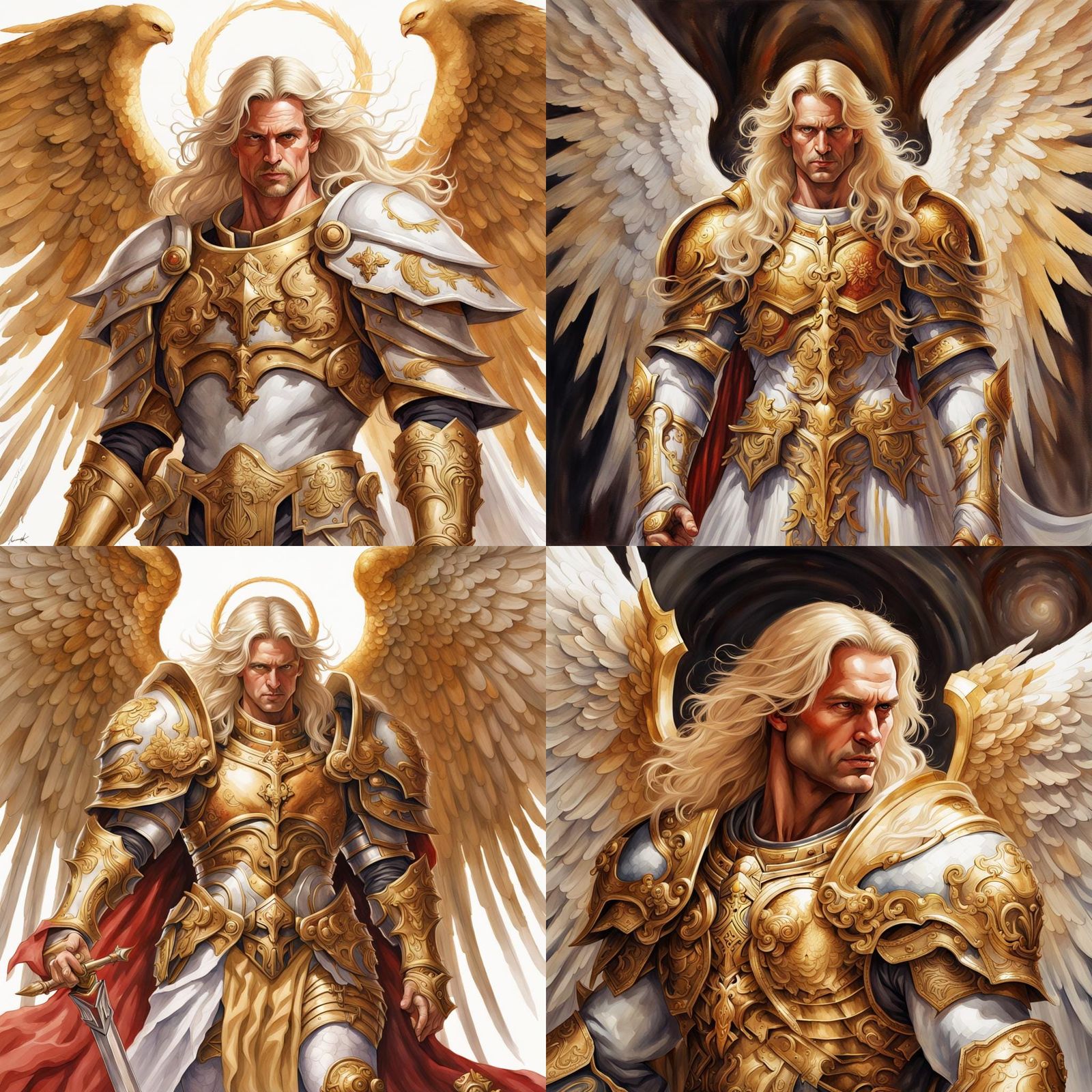 Watercolor painting of Sanguinius. White angel wings, long blonde hair ...