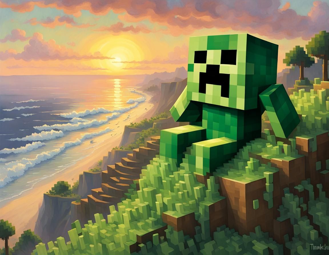 Creeper from “Minecraft” standing on a hill overlooking the beach at sunrise, painting by Thomas