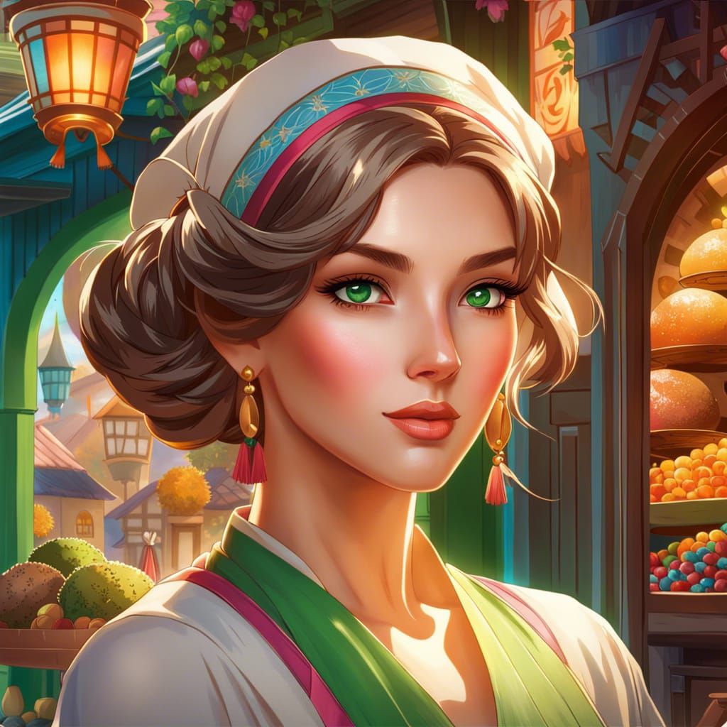 Beautiful anime baker girl with green eyes colorful village background ...