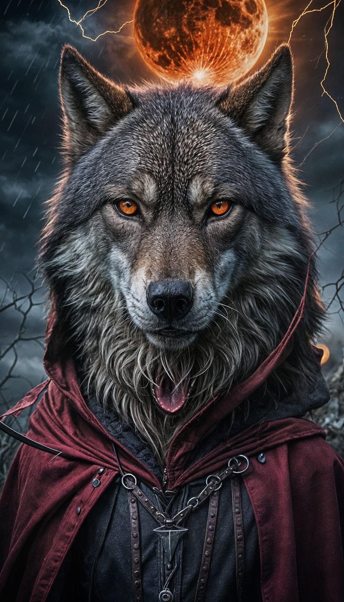 The image is a digital illustration of a dark and eerie scene with a large wolf in the center. The wolf is facing towards the right side of...