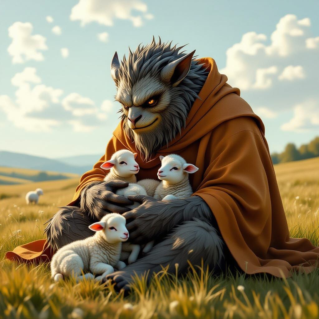 Gentle ferocious looking monster taking care of baby lambs  by @VeganTrekfan