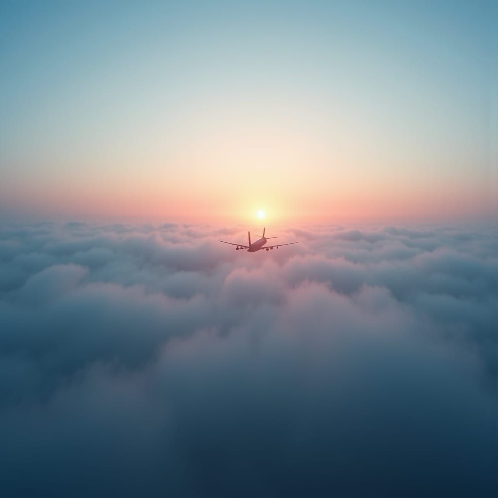 Airplane Soaring Through Misty Dawn Sky