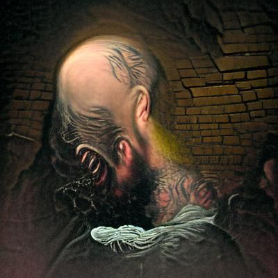 bald man beard tattoos dark alley