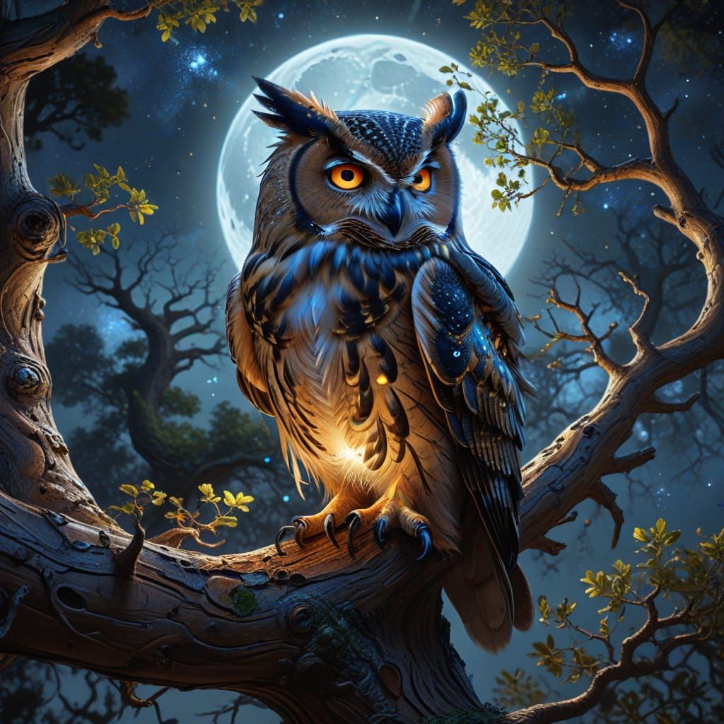 A majestic owl perched atop a towering, ancient oak tree, its wise eyes gazing intently into the distance. ...  by @Granit9