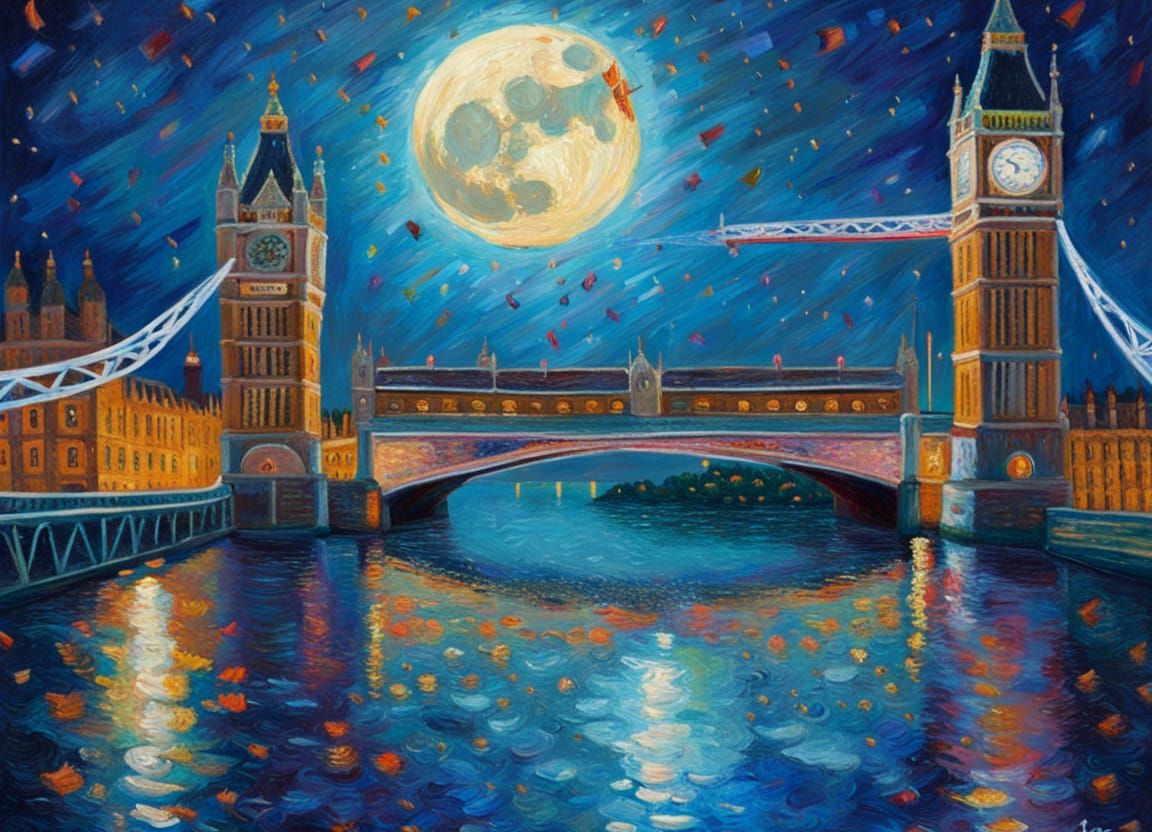 London Bridge at Night in Impressionism Painting AI Generated Artwork