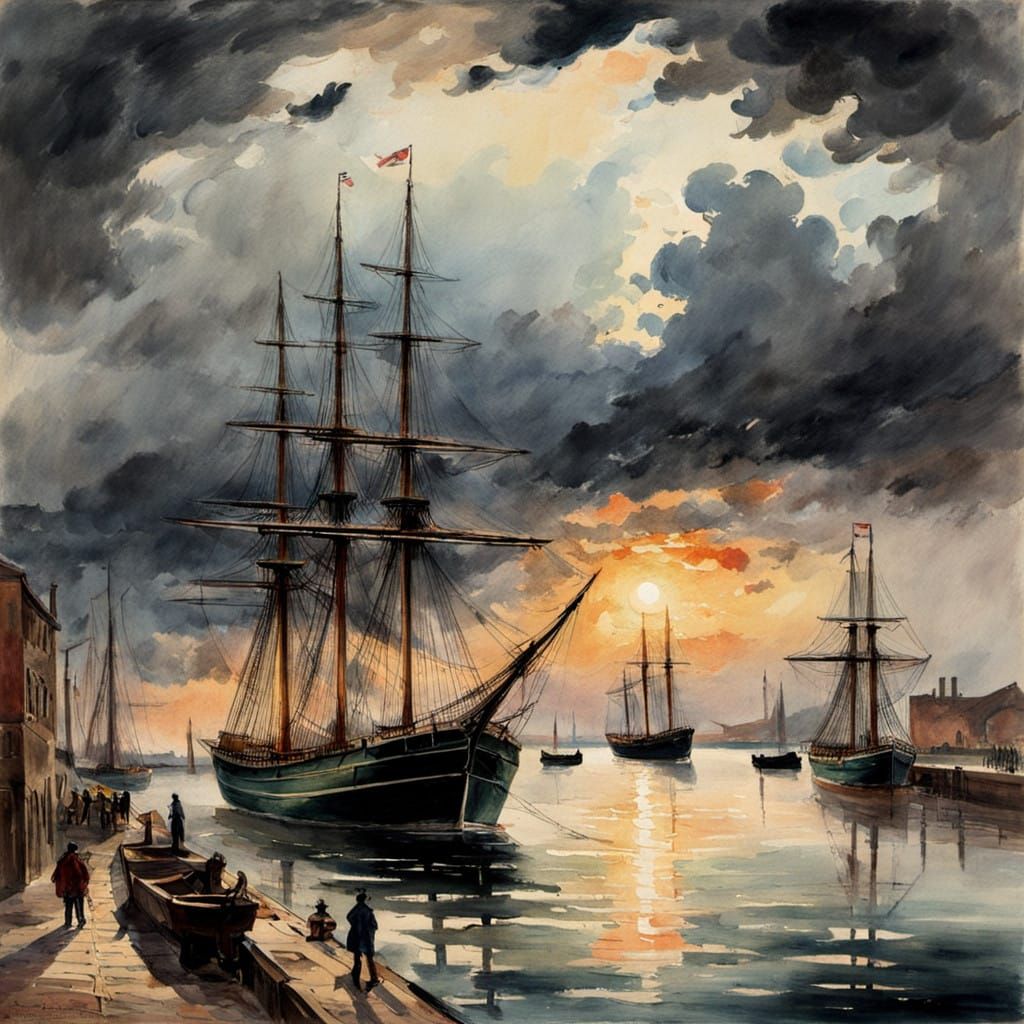 Impressionist watercolor, English seaport with one large boat with three masts from the shore of the ...  by @BINUSH