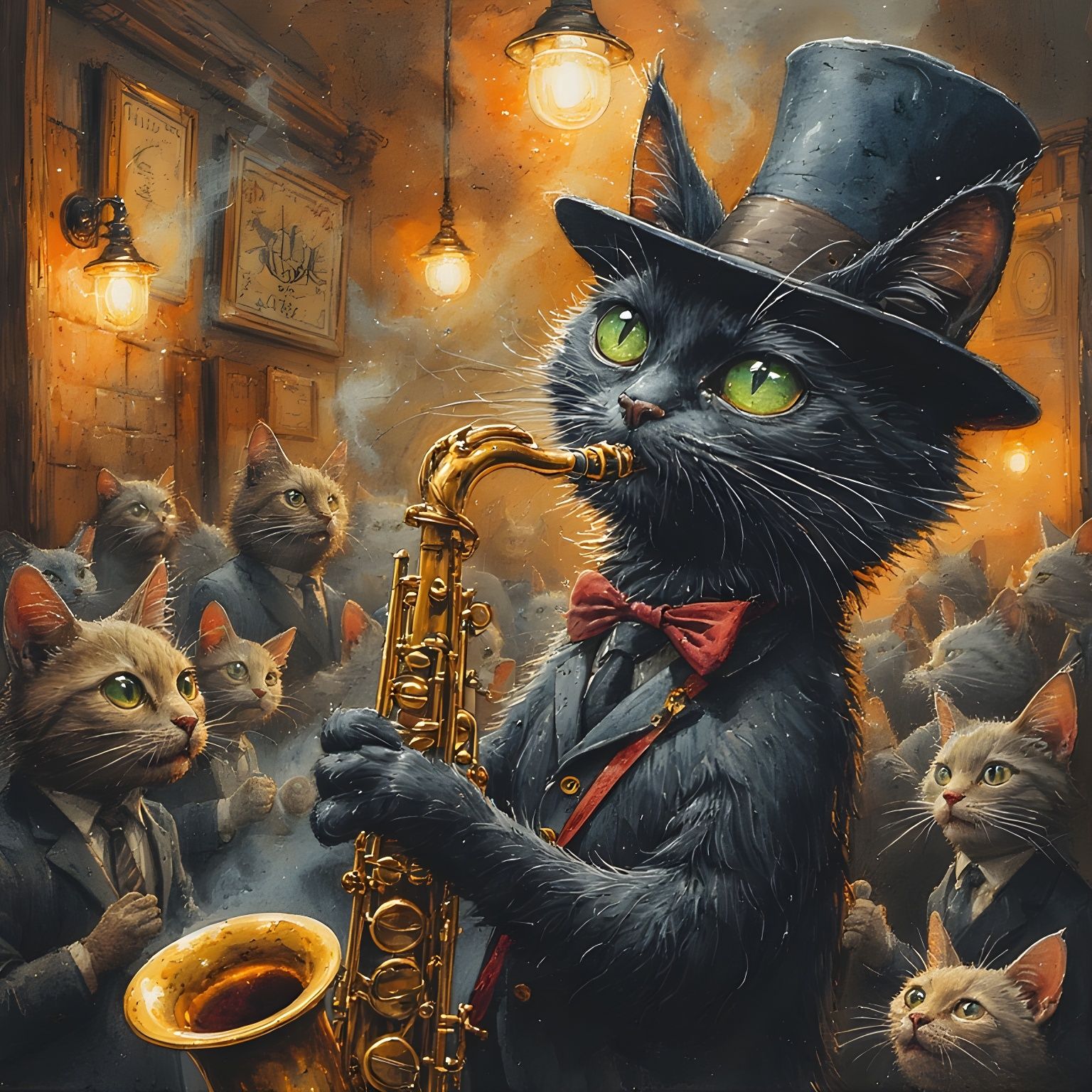 Sleek black cat with piercing green eyes, playing a golden s...