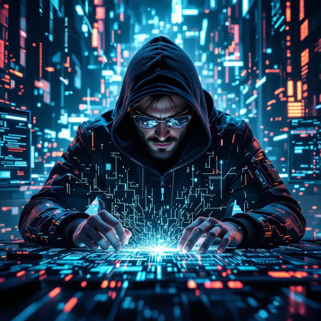 Luxurious Hacker Breaking Into System with Cybernetic Interf...