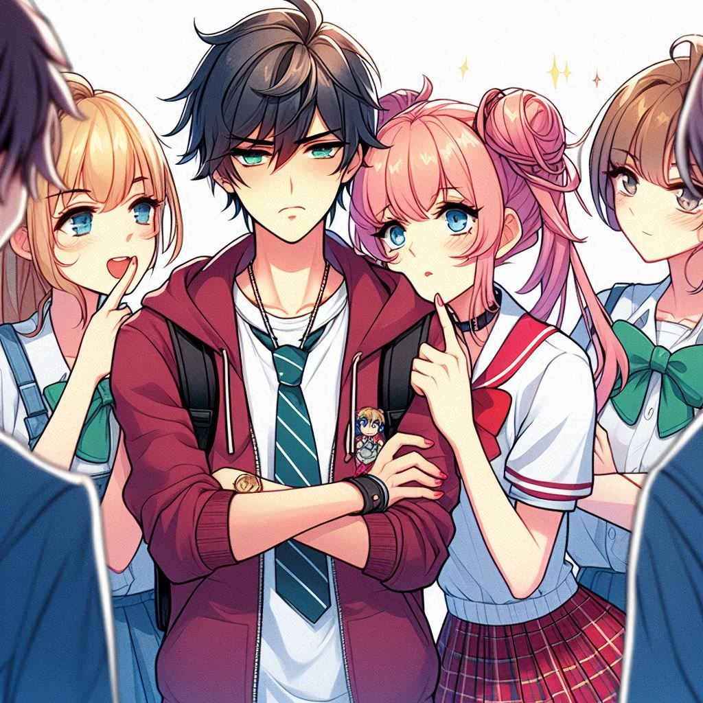 In anime cartoon, rivals popular girl jealous of rebel girl for the boy in college