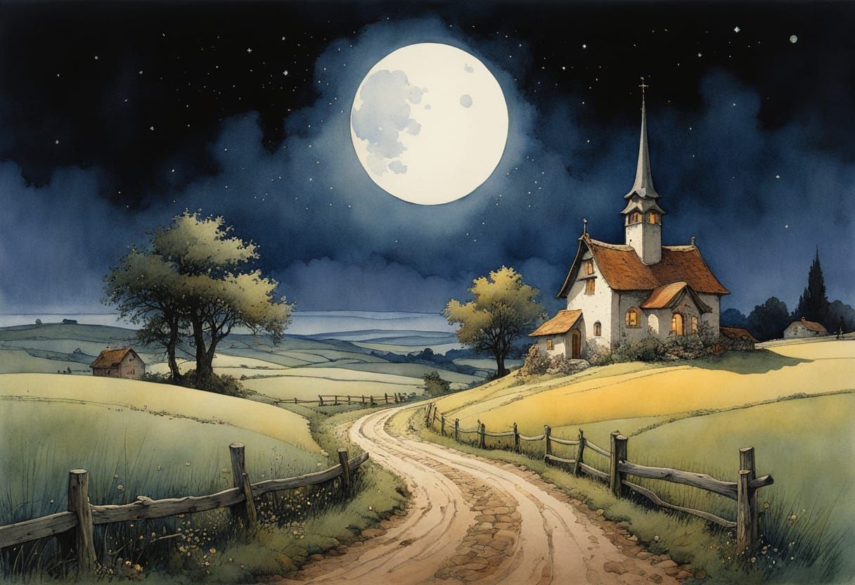 Night Over Bozhentsi Village in Storybook Illustration Style