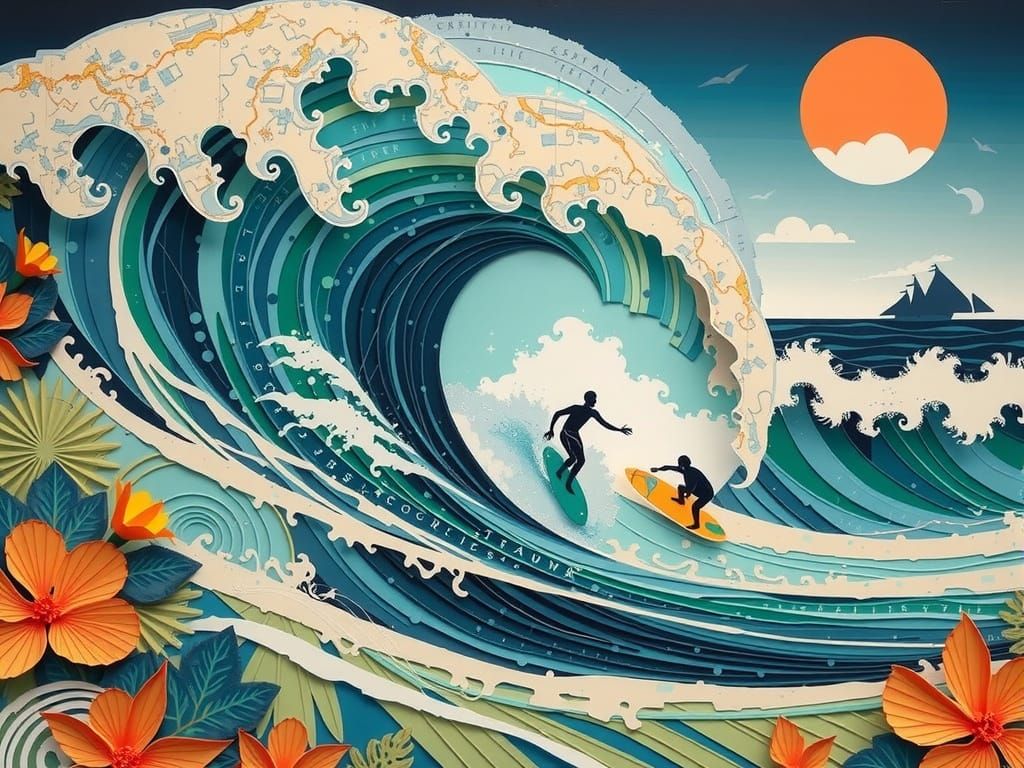 Surfer surfing Banzai Pipeline in Hawaii created from intricately layered and textured ...  by @Ishya